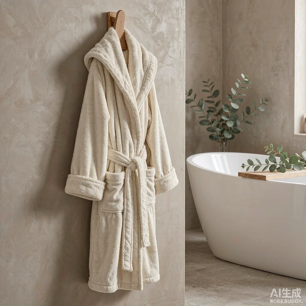 Cream chenille bathrobe by the bathtub