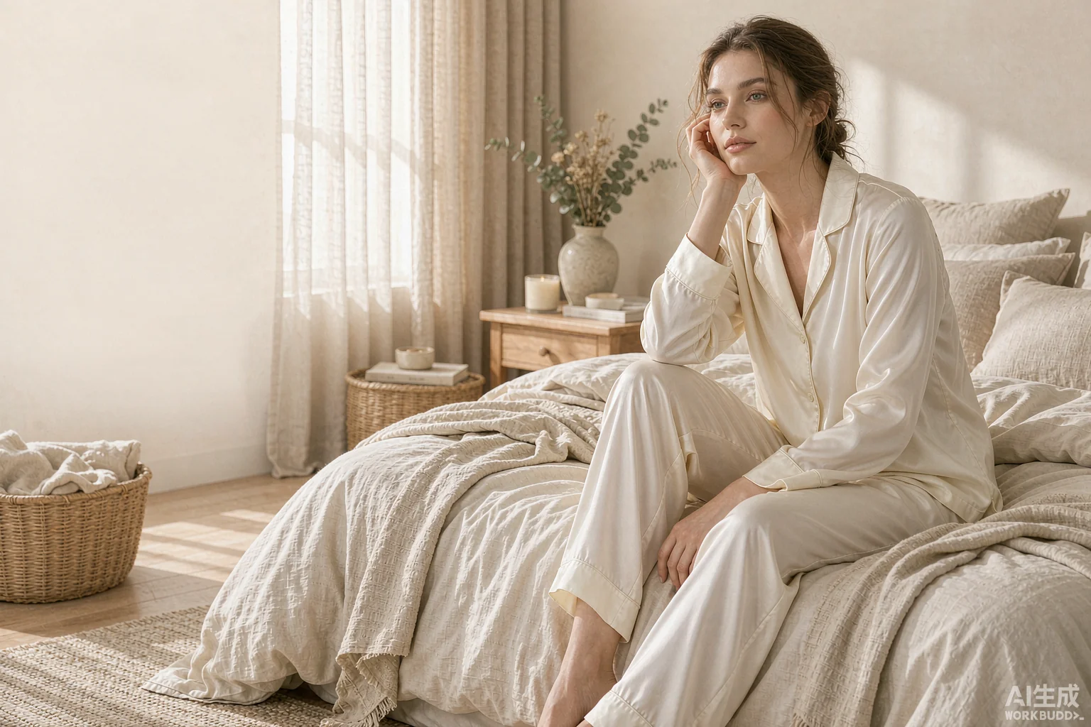 Woman wearing cream silk pajamas in a sunlit bedroom