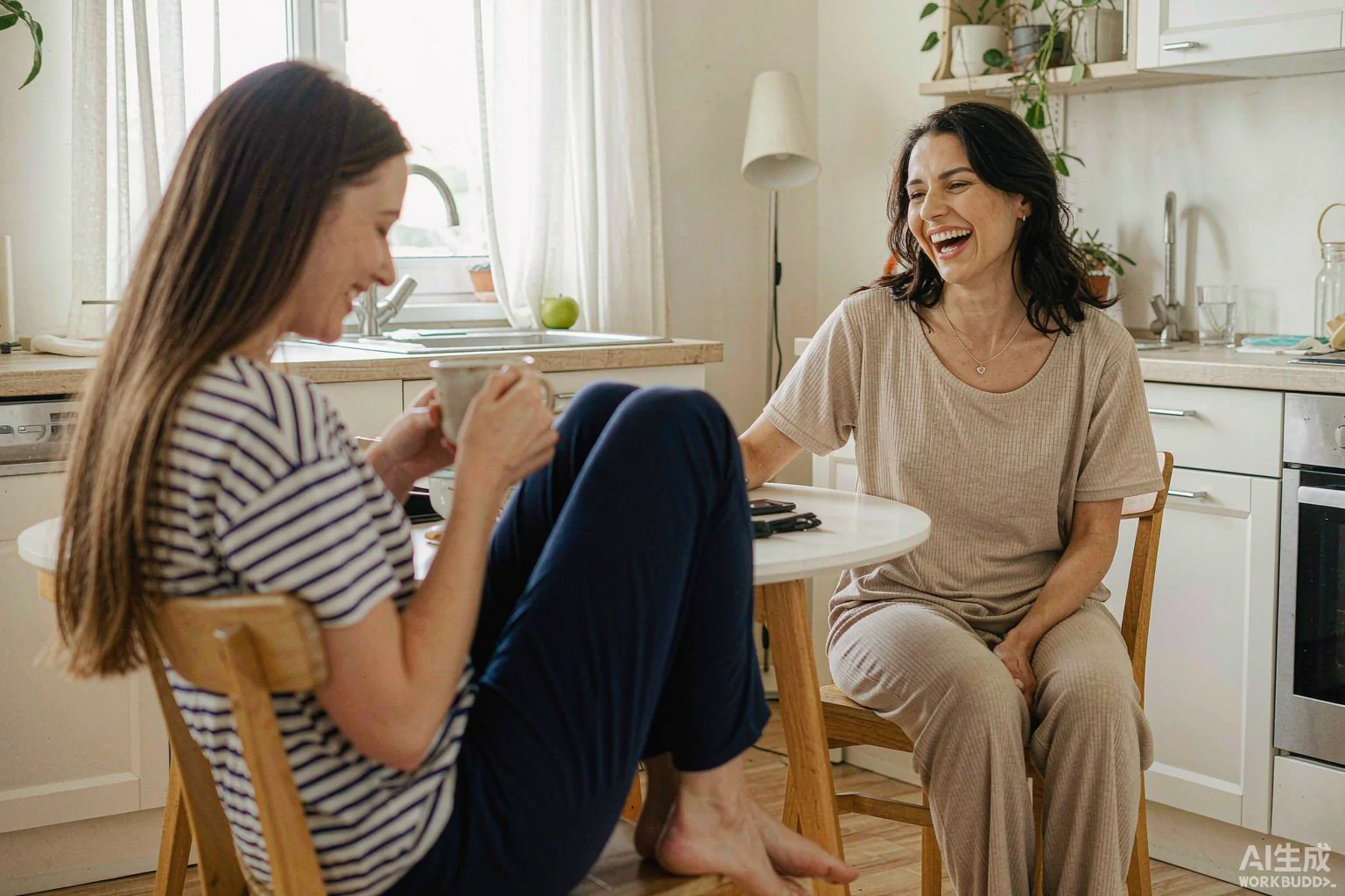 Two friends having coffee at home in loungewear